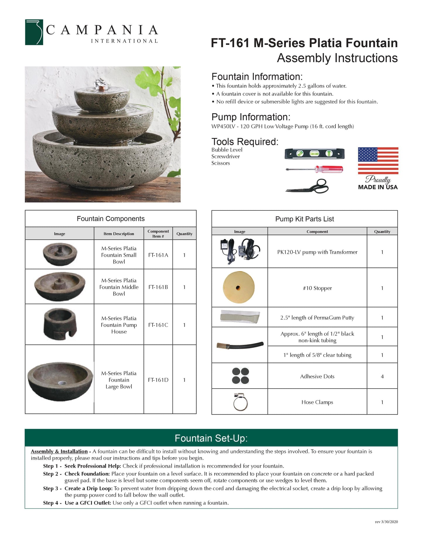M-Series Platia Cast Stone Tabletop Garden Fountain